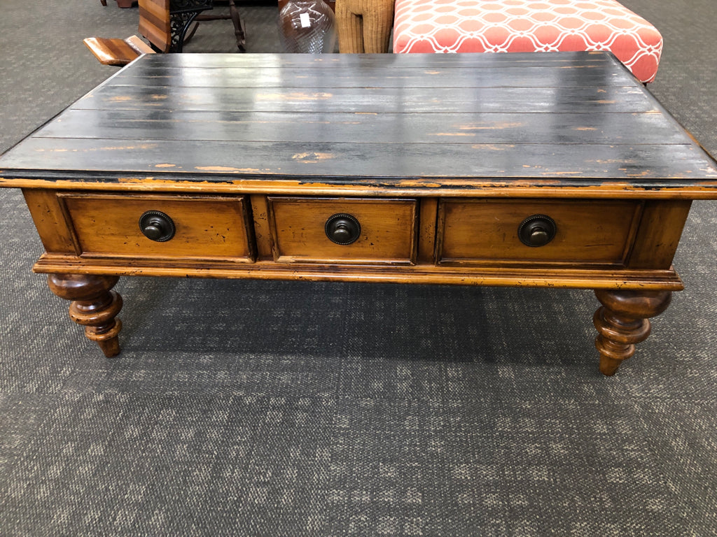 TOMMY BAHAMA DISTRESSED WOOD COFFEE TABLE W/3-DRAWERS.