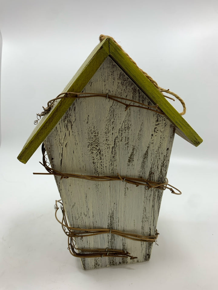 RUSTIC WOOD BIRDHOUSE W/FAUX TWIGS AND METAL BUTTERFLY.