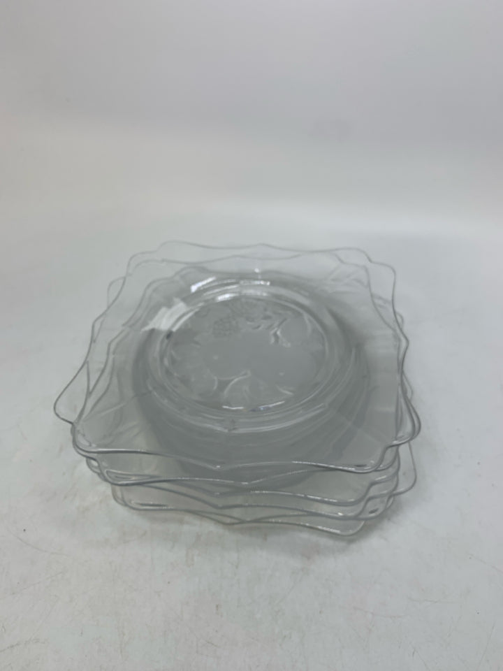 6 GLASS SQUARE SALAD PLATES W/ FROSTED ASSORTED FRUIT.
