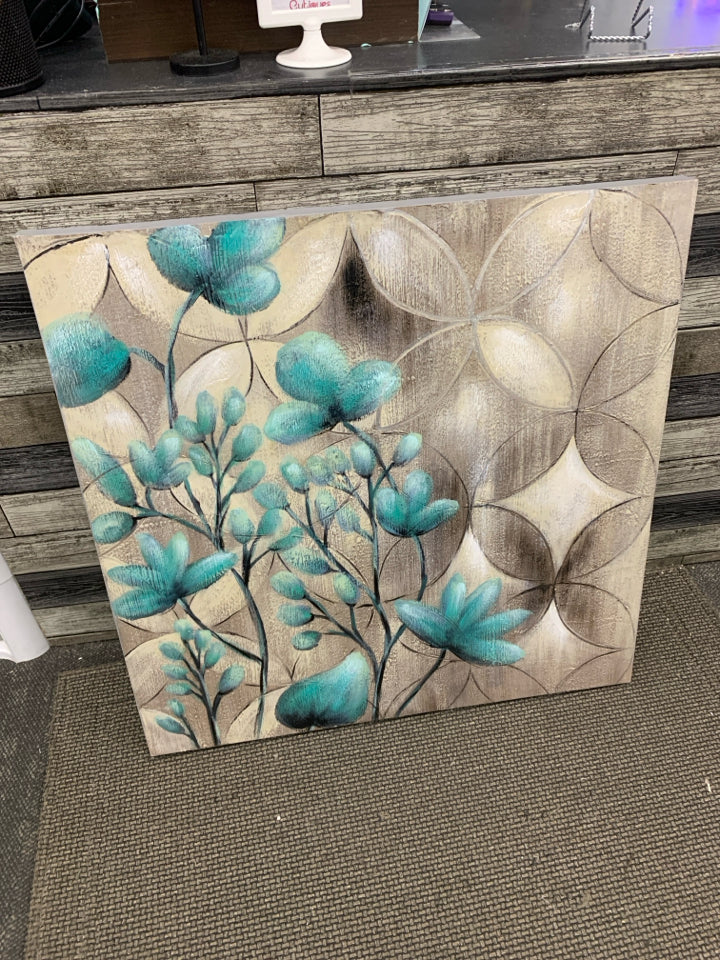BLUE FLORALS ON GREY CANVAS.