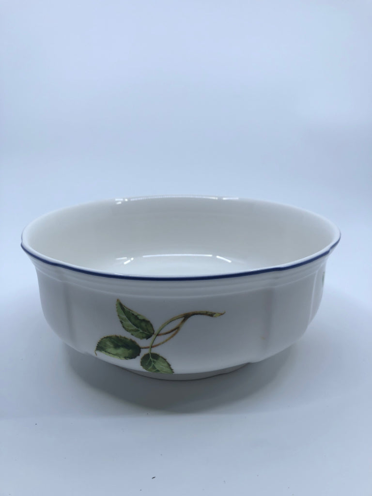 PORCELAIN WHITE BOWL BLUE TRIM APPLES- COTTAGE.