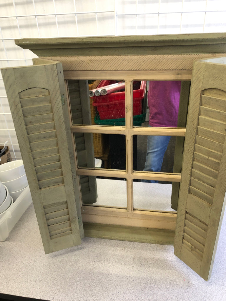 GREEN DISTRESSED WOOD WINDOW MIRROR WALL HANGING.