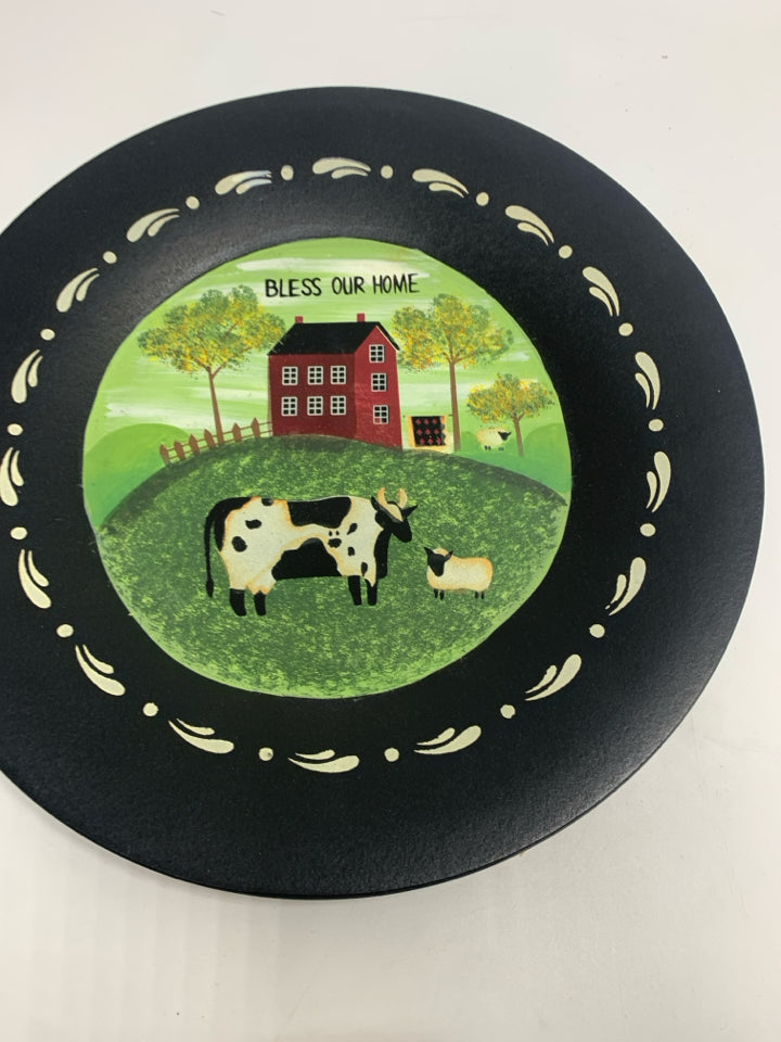 BLESS OUR HOME COW WOOD DECORATIVE PLATE.