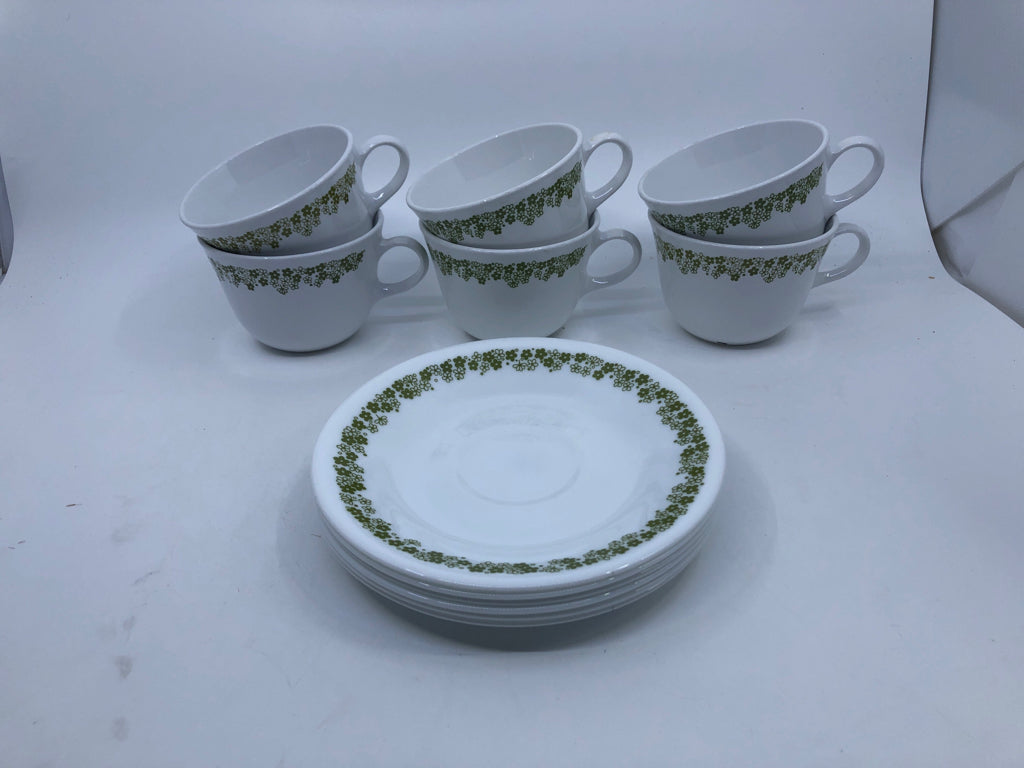 12 PC GREEN FLORAL CORELLE CUPS AND SAUCER SET- 6 CUPS, 6 SAUCERS.