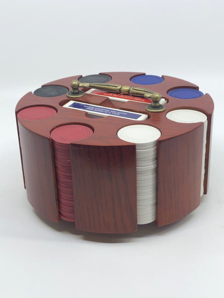 VTG WOOD LAZY SUSAN POKER CHIPS SET.