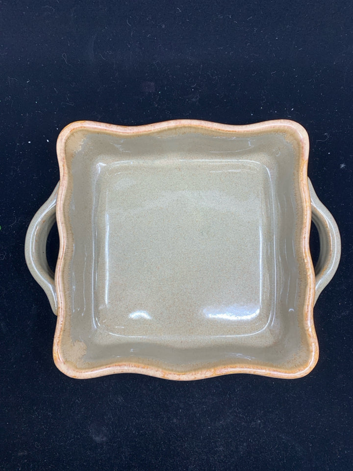 SQUARE TAN BAKING DISH W HANDLES.