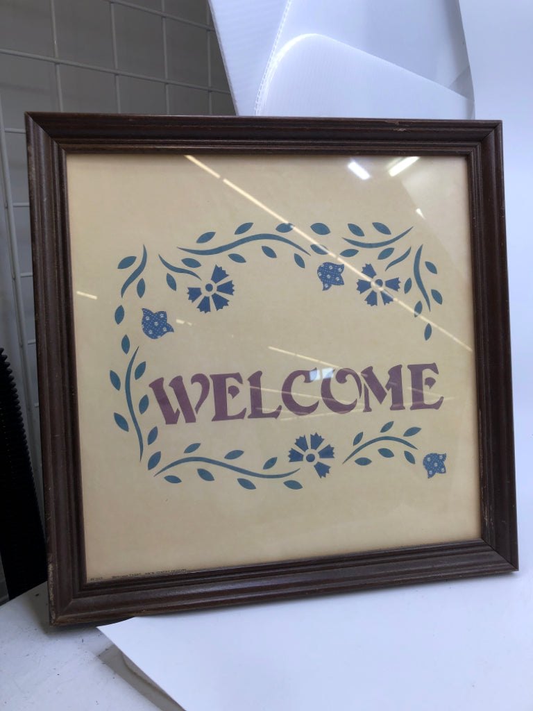 VTG WELCOME - BLUE FLORAL IN DARK WOOD FRAME.