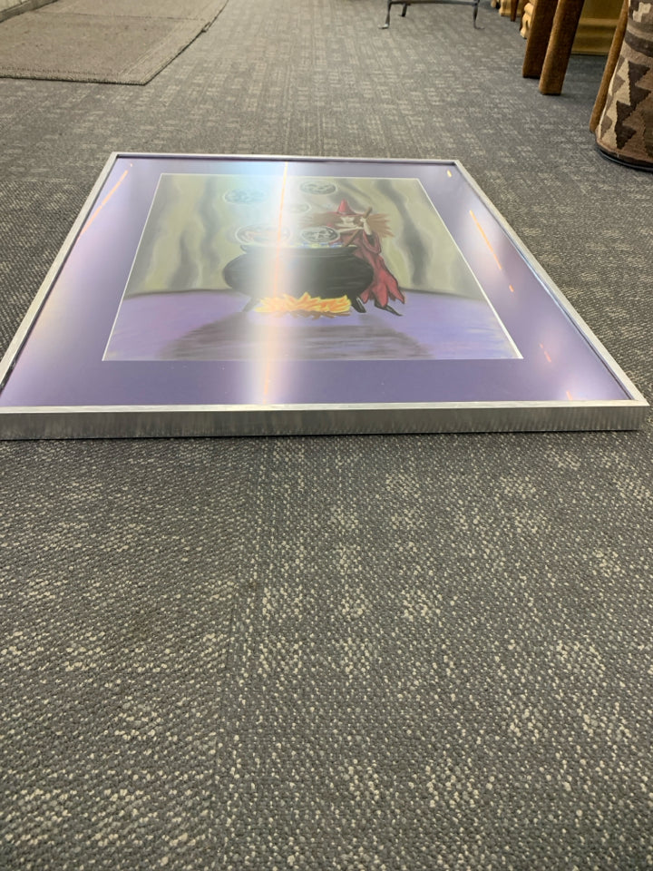 WITCH + CAULDRON BUBBLE SKULLS FRAMED ART.