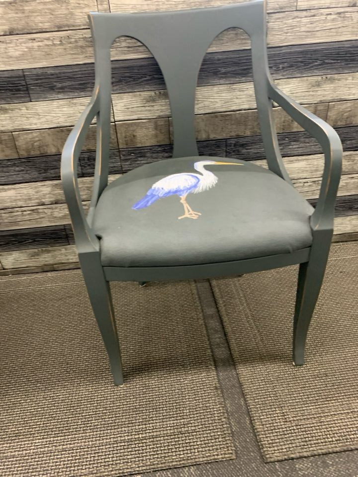 2 REFURBISHED DARK GREY ACCENT CHAIRS W/ PAINTED SEA BIRDS ON SEAT.
