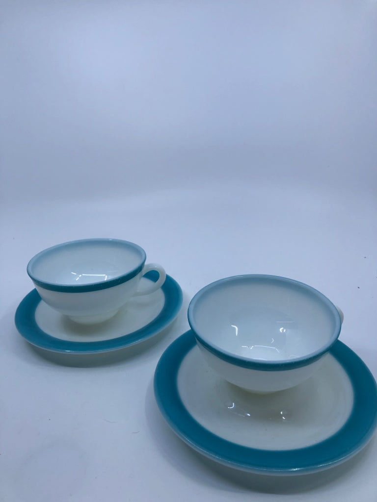 2 VTG BLUE RIM CUP AND SAUCERS.