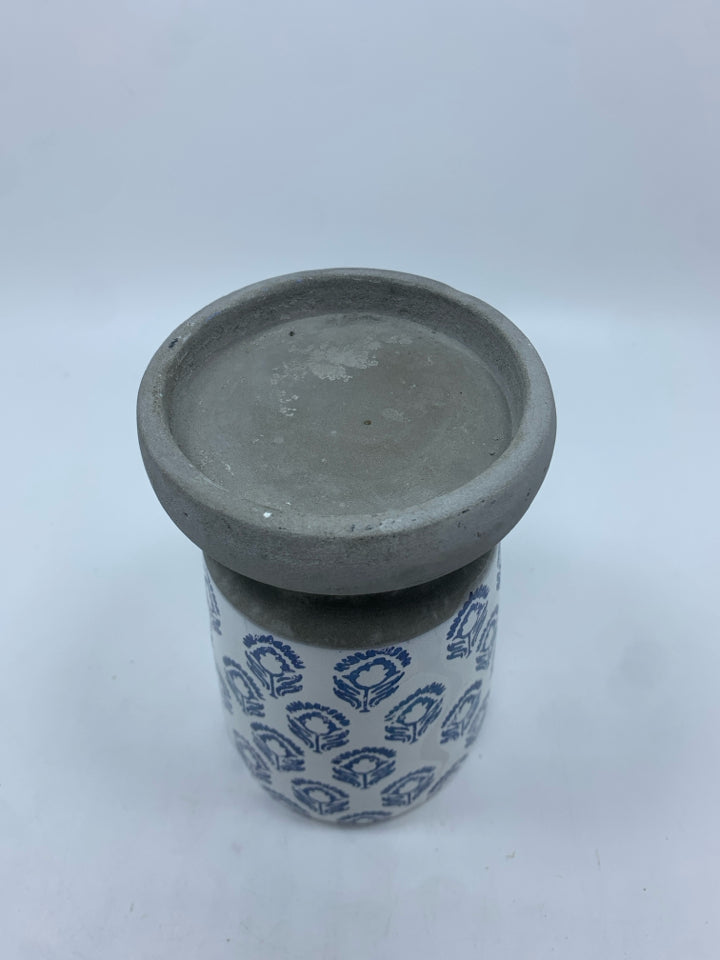BLUE FLOWER GREY CEMENT PILLAR CANDLE HOLDER.