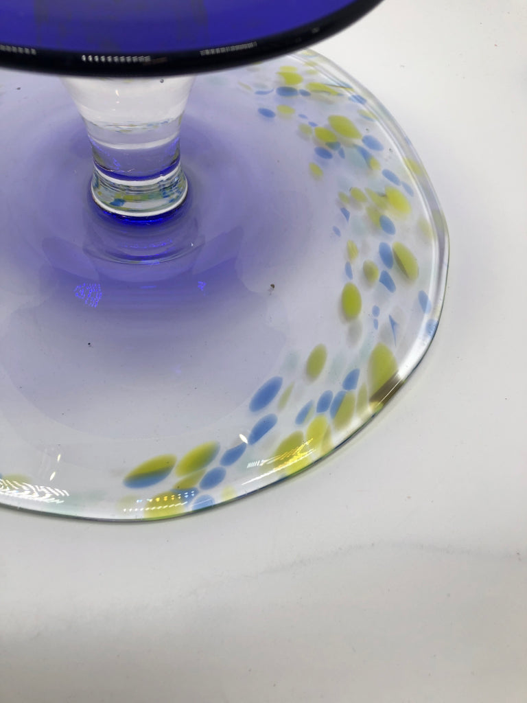 GLASS CAKE STAND W/ COBALT BLUE BASE.