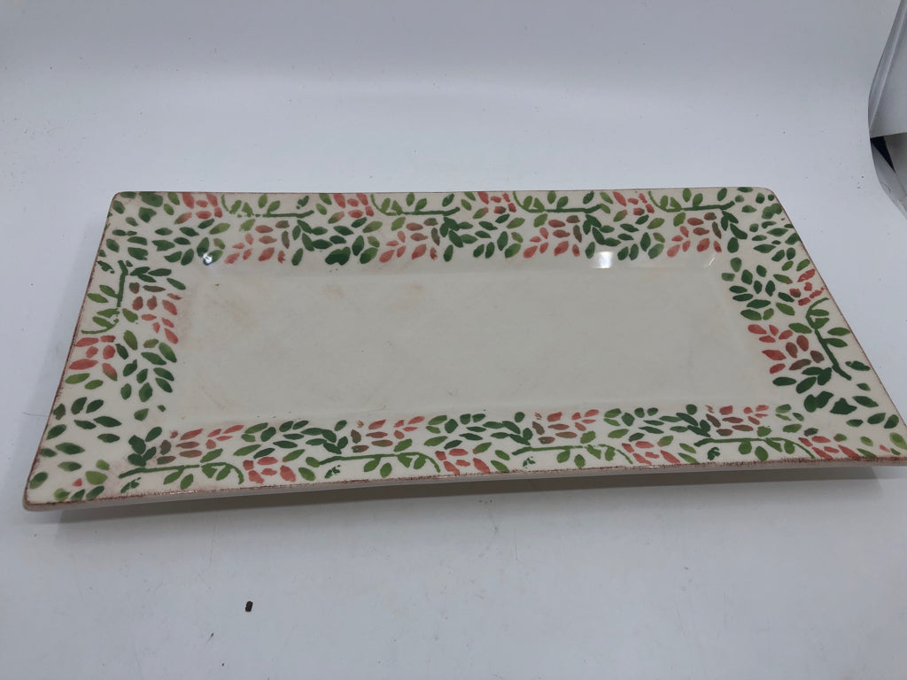 GREEN AND PINK RECTANGLE LEAF TRAY.