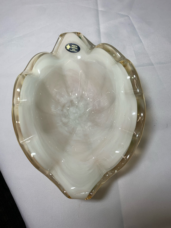 ABSTRACT GLASS BOWL W/ IRIDESCENT ORANGE OUTSIDE- WHITE CRYSTAL.