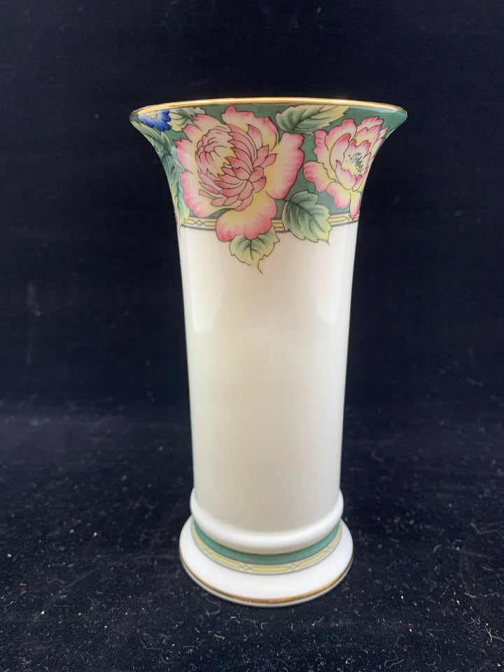 WHITE SKINNY VASE W FLARED TOP W FRUIT AND FLORAL.