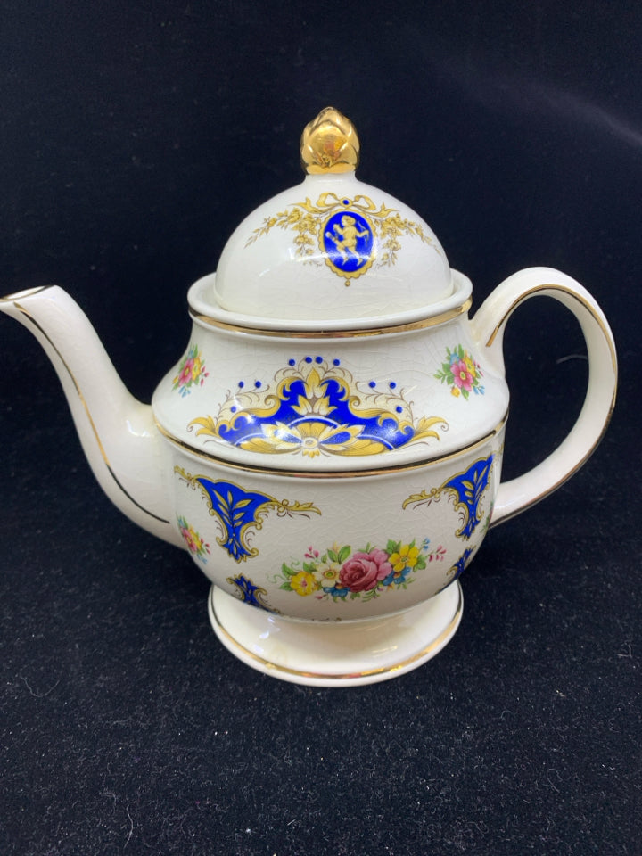 KENSINGTON ENGLAND TEAPOT= CREAM W/GOLD TRIM AND FLOWERS.