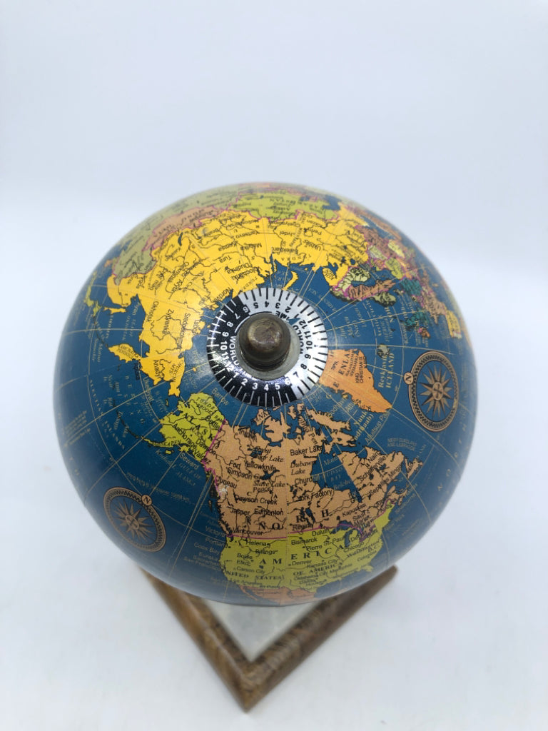 SMALL DESK GLOBE ON WOOD + STONE BASE.