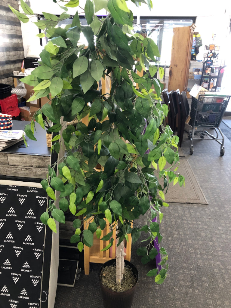 FAUX TREE IN METAL PLANTER.