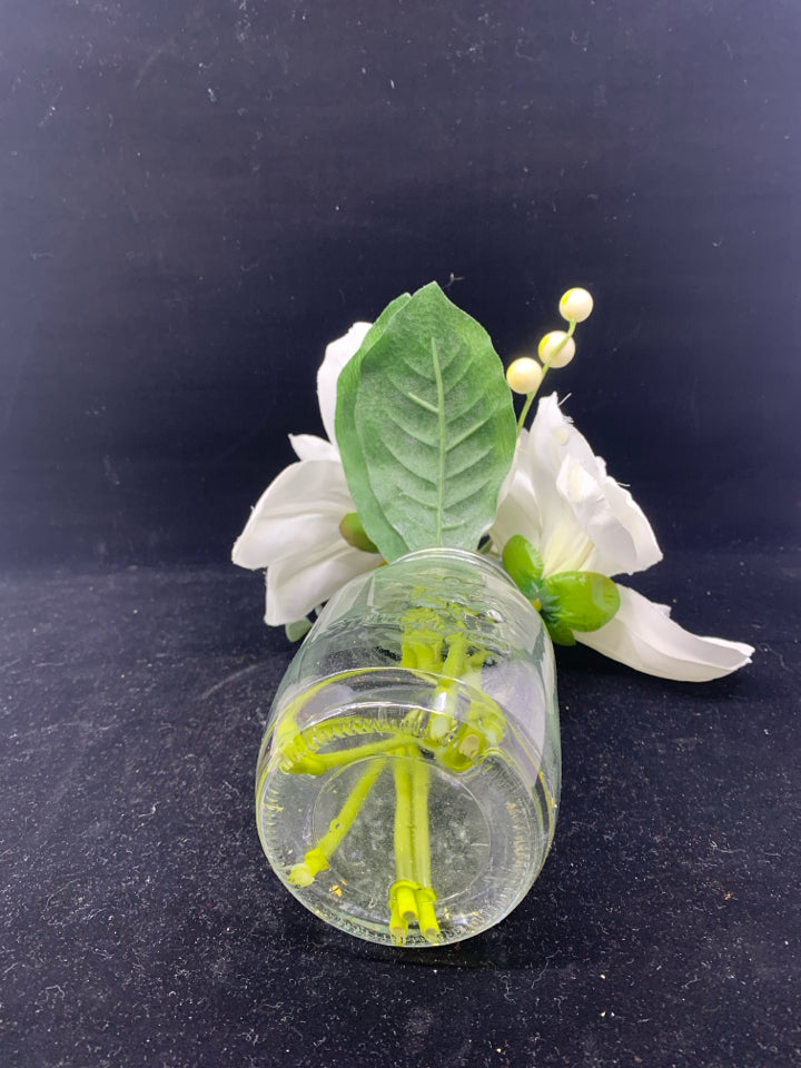 MASON JAR W/2 FAUX WHITE FLOWERS IN FAUX WATER.