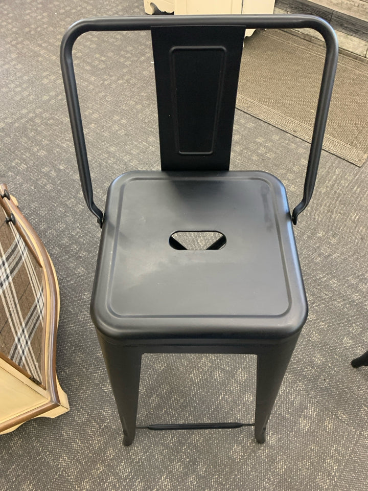 2 BLACK METAL LOW BACK STOOLS.