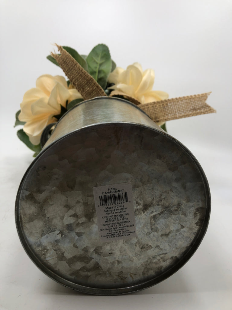 FAUX CREAM AND GREEN BOUQUET IN TIN BUCKET.