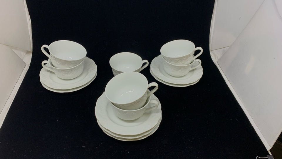 14PC DANSK CUP + SAUCER SET WHITE W/EMBOSSED GRAPES.