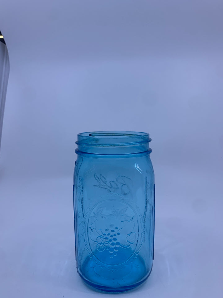 BLUE MASON JAR VASE.