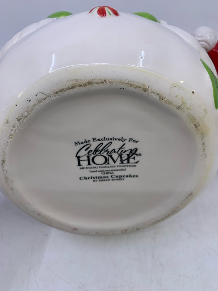 CERAMIC COOKIE JAR SNOWMAN DRESSED AS SANTA.