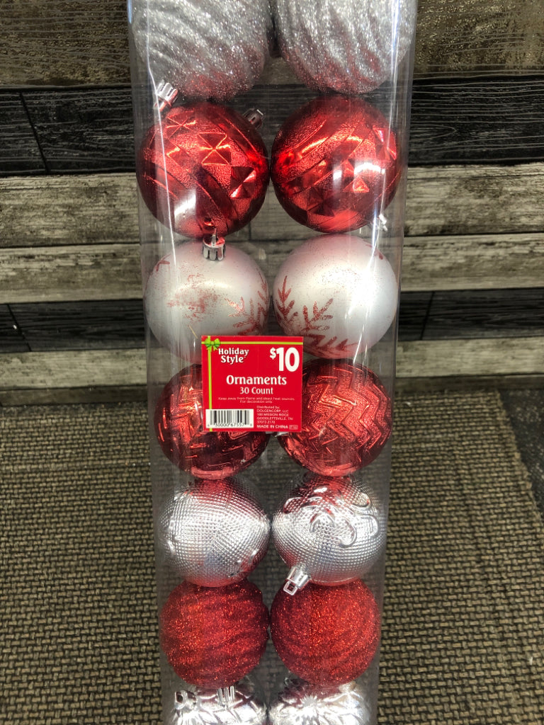 NIP SILVER/RED PLASTIC ORNAMENTS.