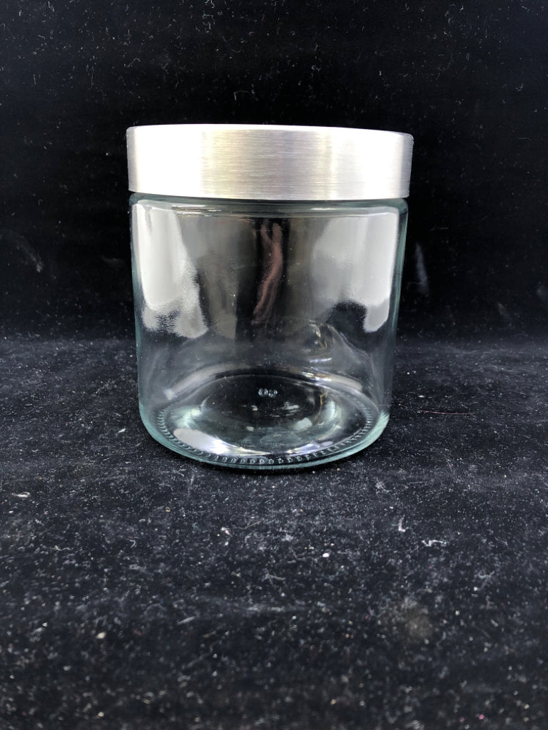 GLASS CANISTER W/METAL LID.