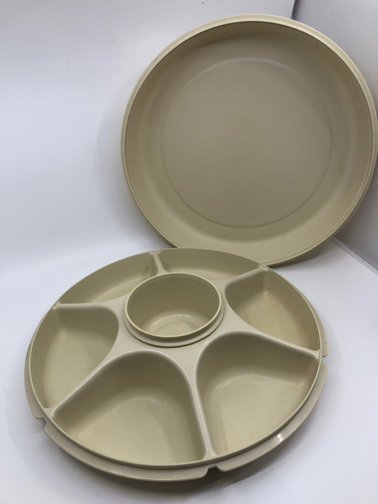 VTG TAN  DIVIDED SERVER WITH DIP BOWL.