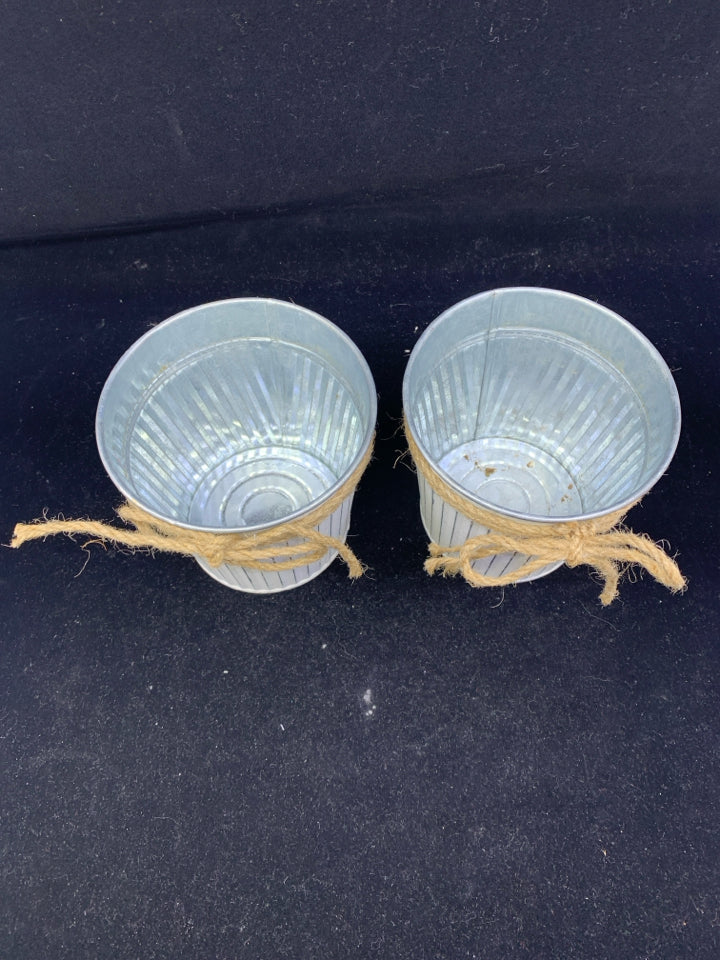 2 WHITE GALVANIZED METAL BUCKETS W TWINE.