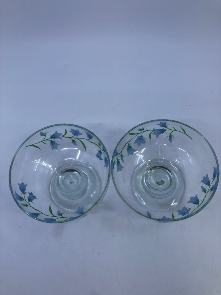 2 CLEAR GLASS BLUE FLORAL DESSERT BOWLS.
