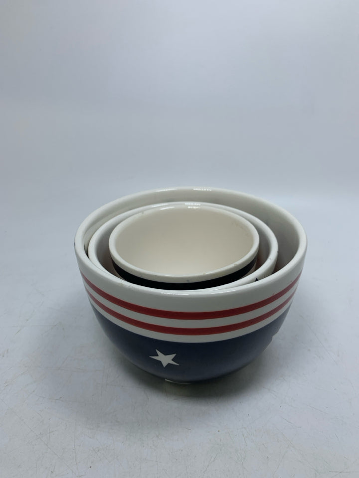 3 RED WHITE & BLUE NESTING BOWLS.