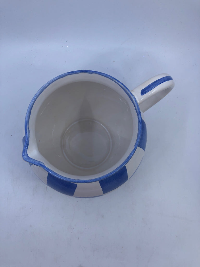 BLUE, WHITE CHECKERED CERAMIC PITCHER.