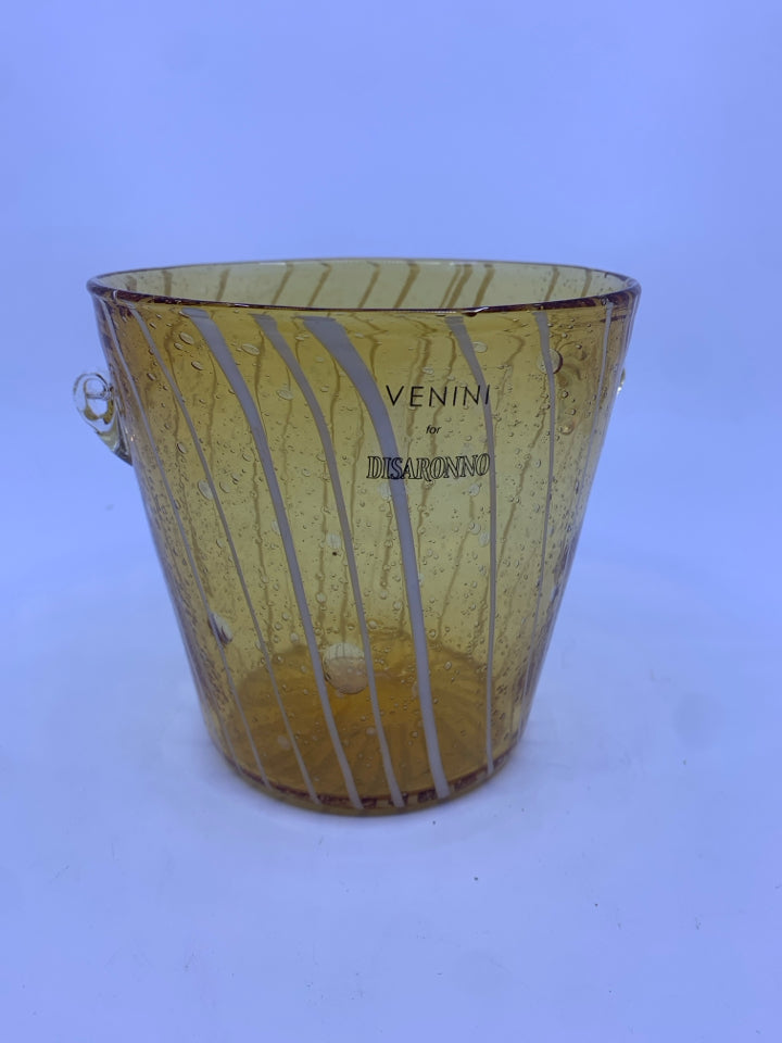 YELLOW BUBBLE BLOWN GLASS ICE BUCKET W/ WHITE LINES.