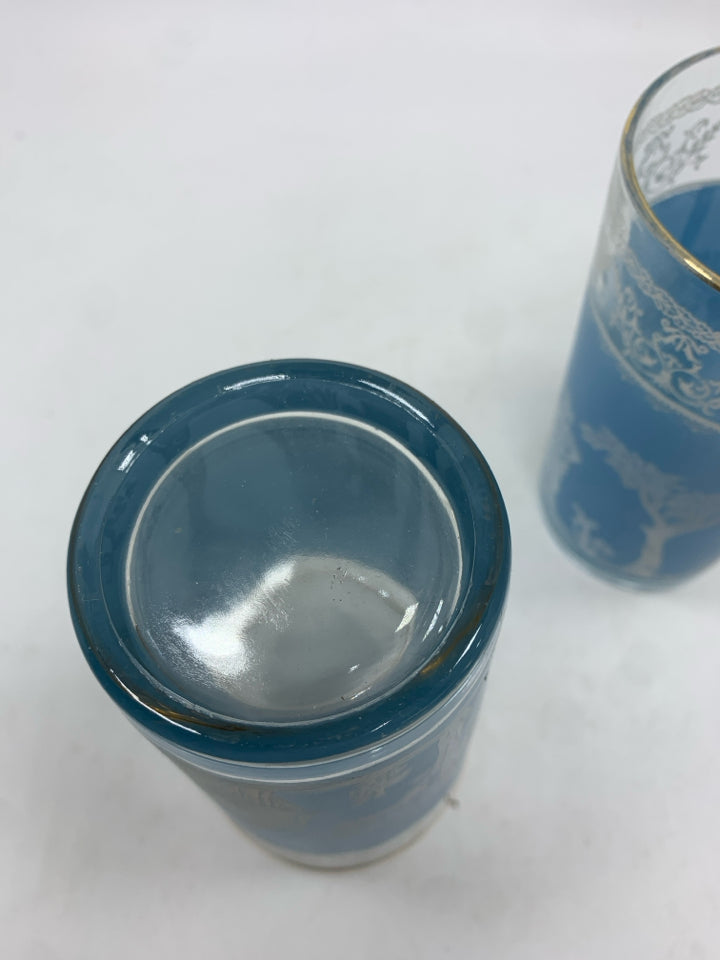 2 VTG BLUE FROSTED GLASSES W/GREEK SCENE AND GOLD RIM.