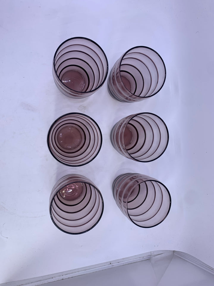 6 PURPLE RIBBED WATER GLASSES.