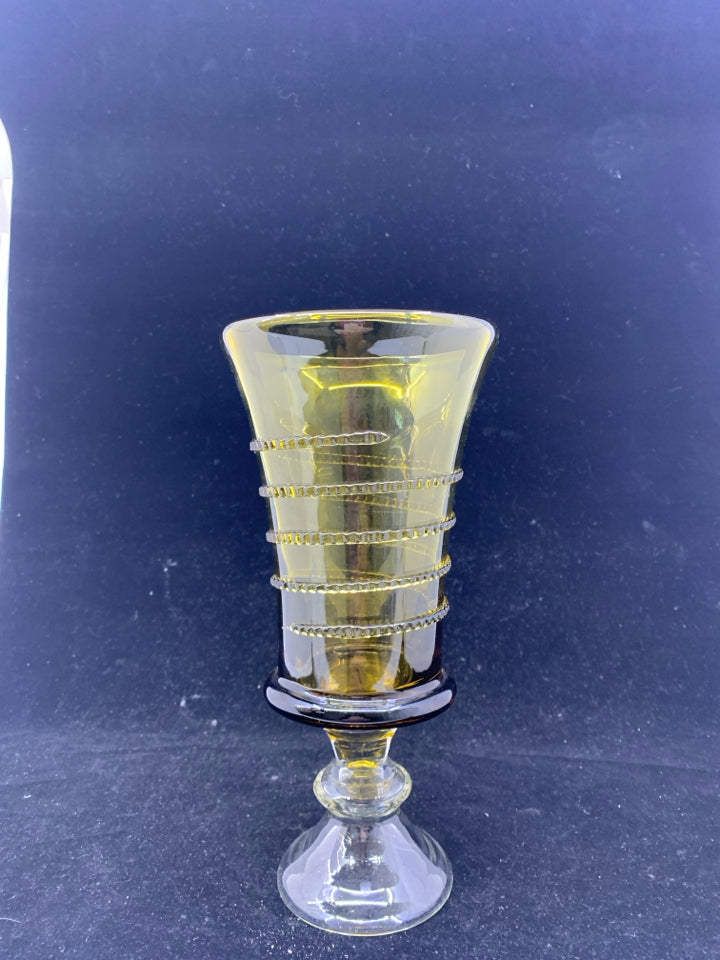 CLEAR FOOTED DARK YELLOW GLASS VASE/ CANDLE HOLDER.