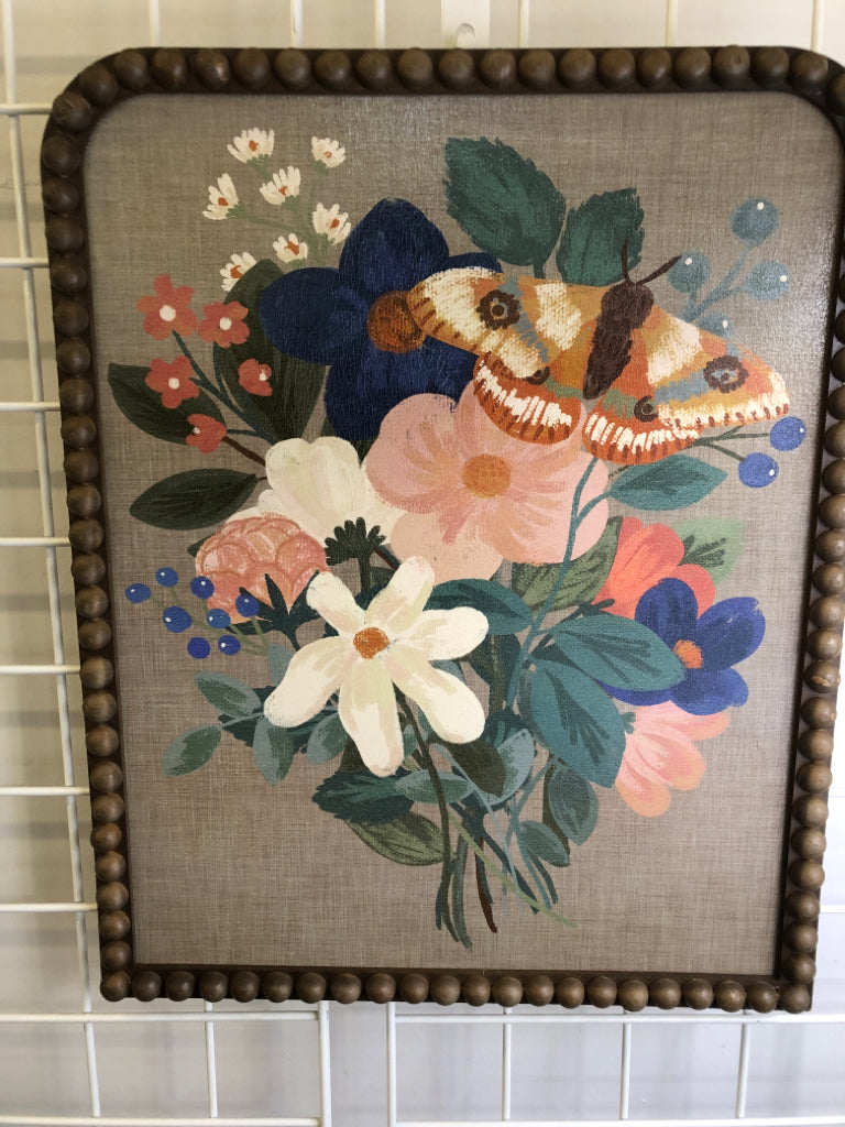 COLORFUL BOUQUET OF FLOWERS IN ARCHED BEADED EDGE FRAME WALL ART.