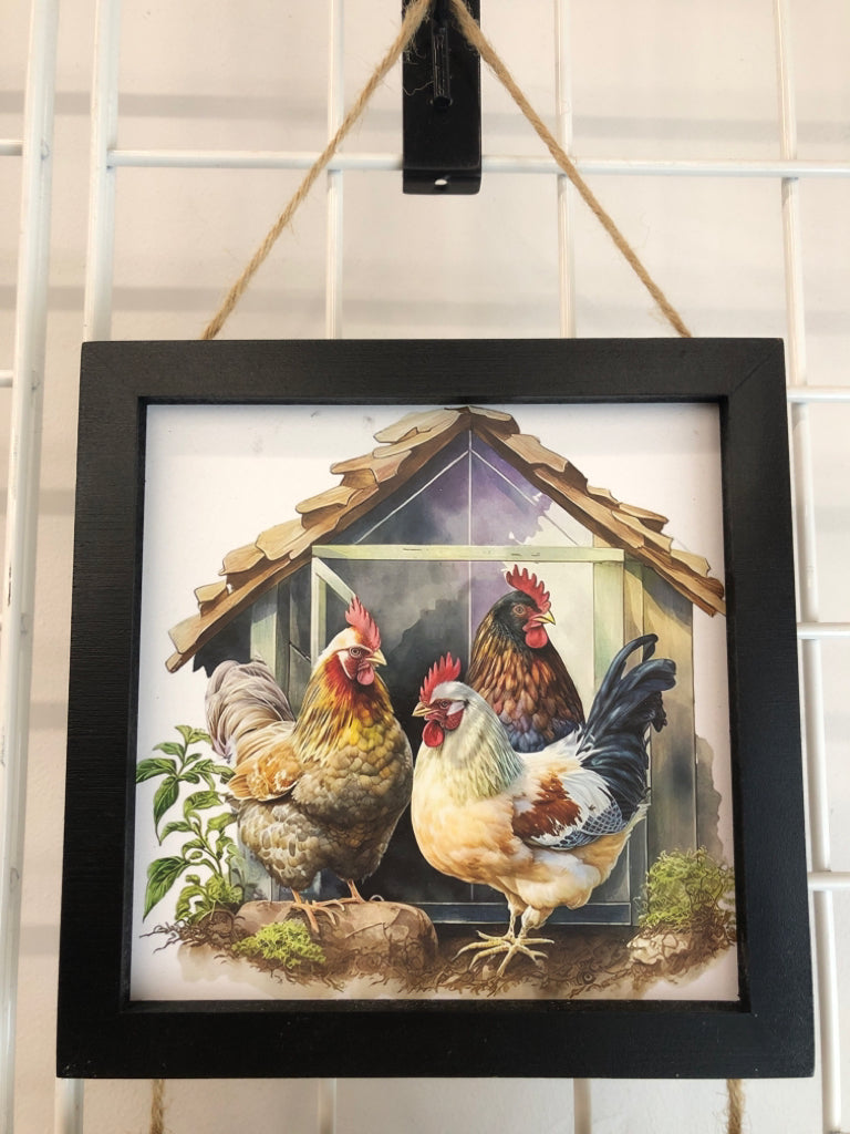 ROOSTER, COW, PIG 3 SECTION PHOTOS IN BLK FRAME.