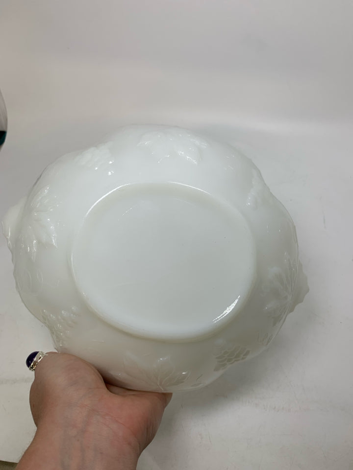 MILK GLASS BOWL W/ EMBOSSED GRAPES.
