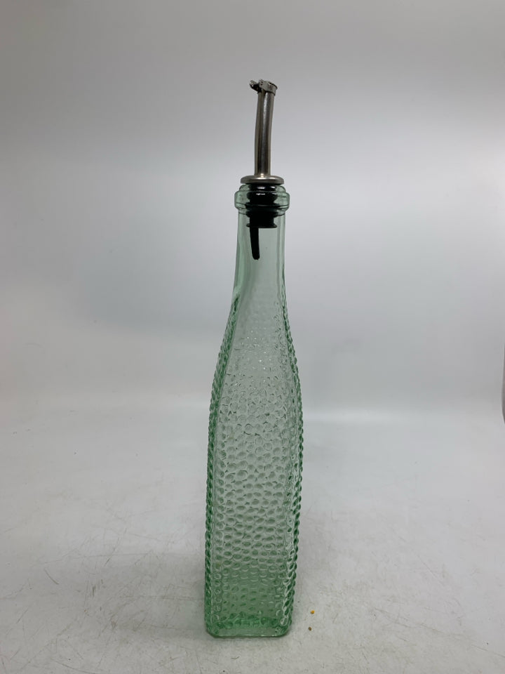TINTED GREEN GLASS BEADED OIL DISPENSER.