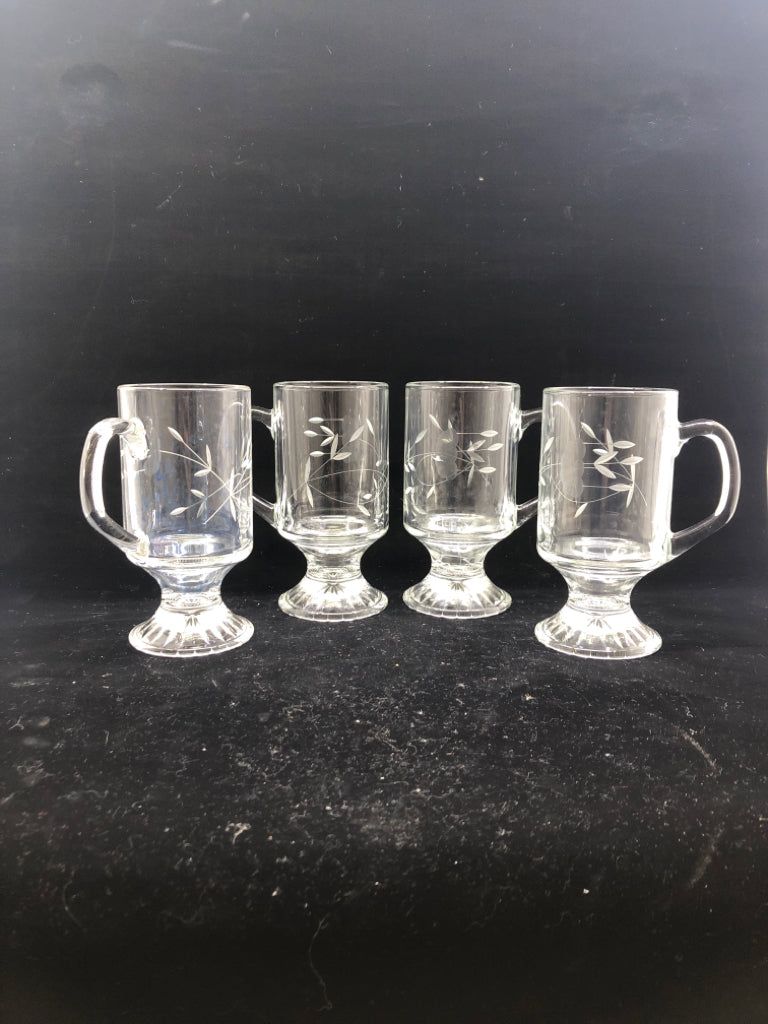 4 FLORAL ETCHED FOOTED IRISH COFFEE MUGS.