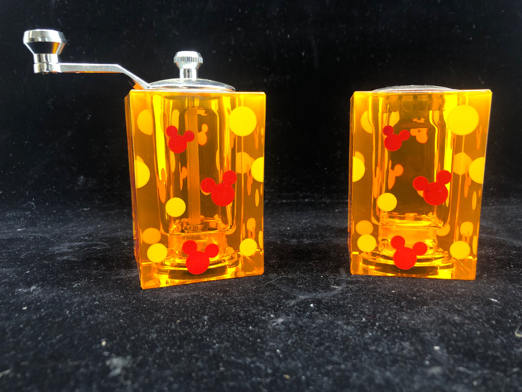 VTG ACRYLIC MICKEY MOUSE SALT + PEPPER SHAKERS.