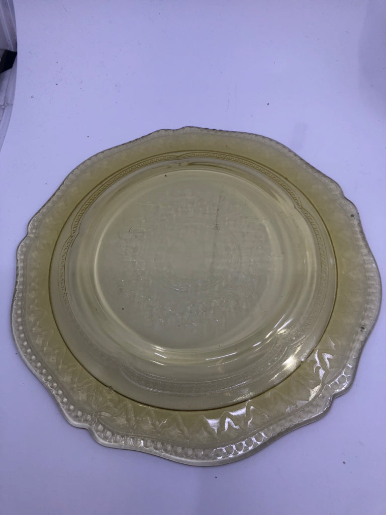 4 VTG YELLOW GLASS WAVY PRESSED GLASS PLATES.