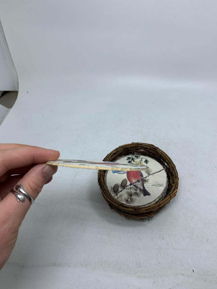8 PAPER BIRD COASTERS IN BIRDS NEST HOLDER.
