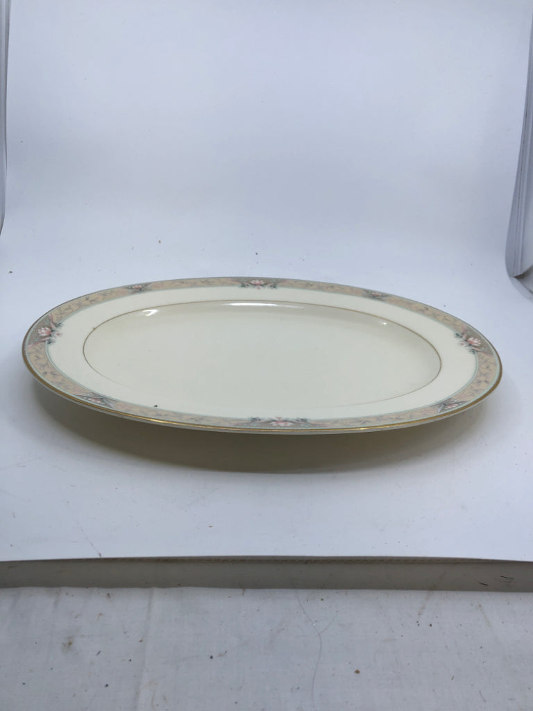 VTG MIKASA GOLD W PALE PINK FLORAL OVAL PLATTER.