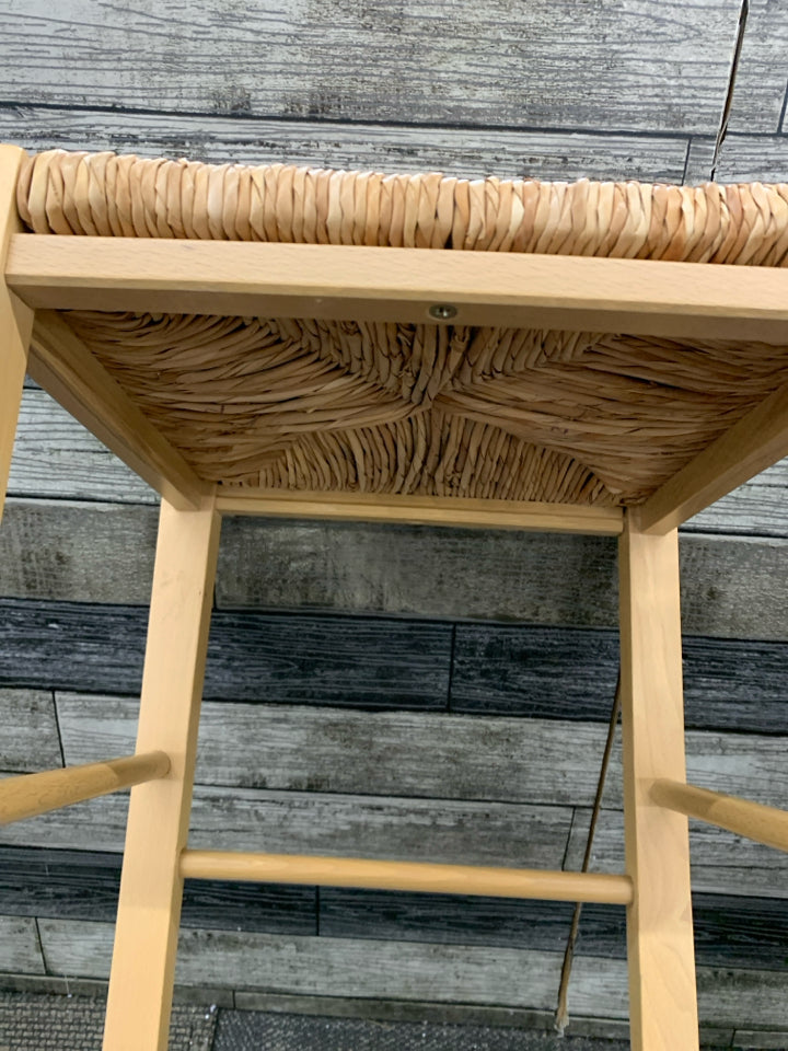 2 WOVEN SEAT SQUARE BAR STOOLS.
