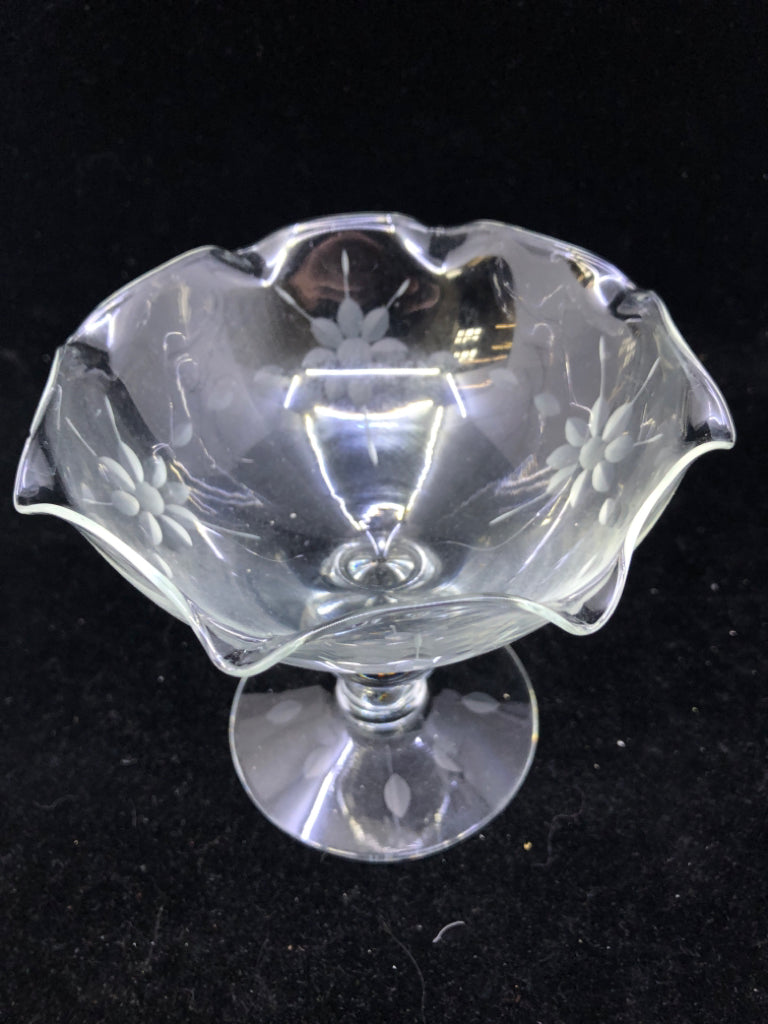 FOOTED ETCHED FLORAL CANDY DISH.